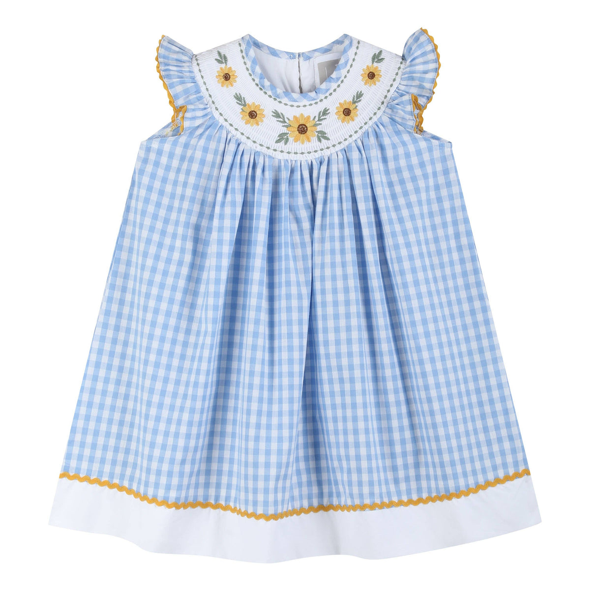 Blaue Gingham-Sommerkleid aus 100 % Baumwolle mit gesmoktem Sonnenblumen-Motiv im Bischof-Stil
