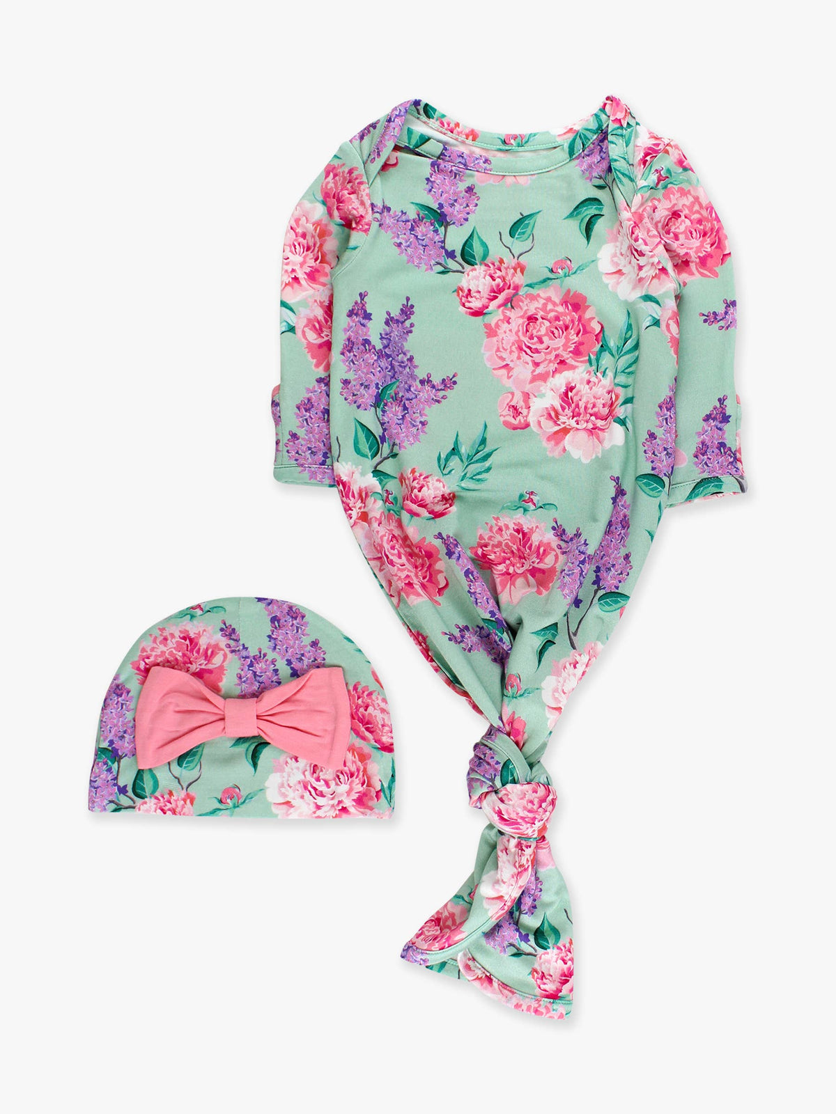 Conjunto de camisón de dormir anudado con volantes y gorro con lazo para bebé niña, estampado floral Sage Garden de bambú y elastano