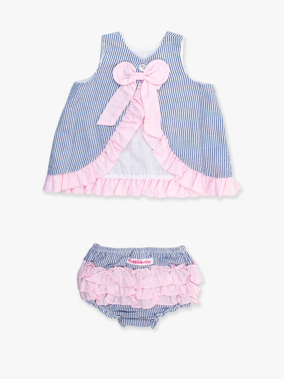 Set aus fließendem Rüschen-Top aus 100 % blauer Baumwollseersucker und Pumphose