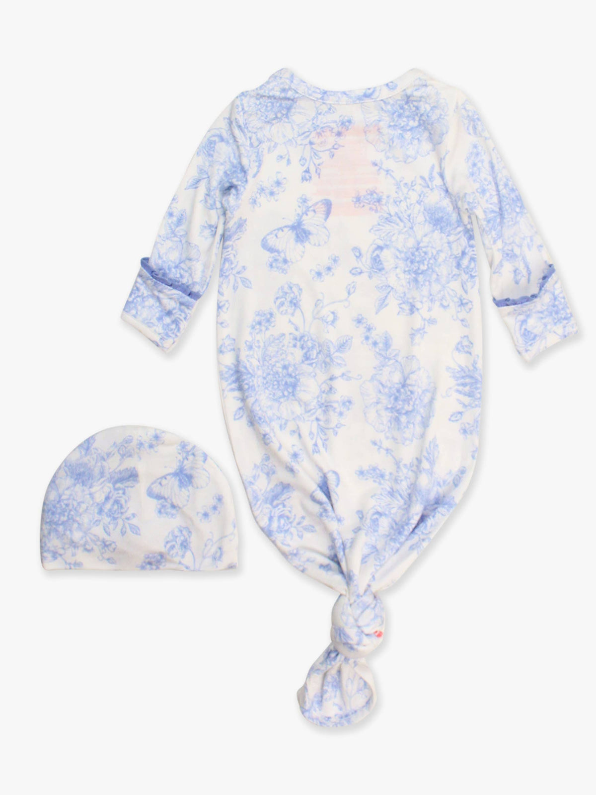 Bambus-Elasthan-Schlafsack mit Rüschen, Knoten und Schleifenmütze, Periwinkle Butterfly Toile, für Babymädchen