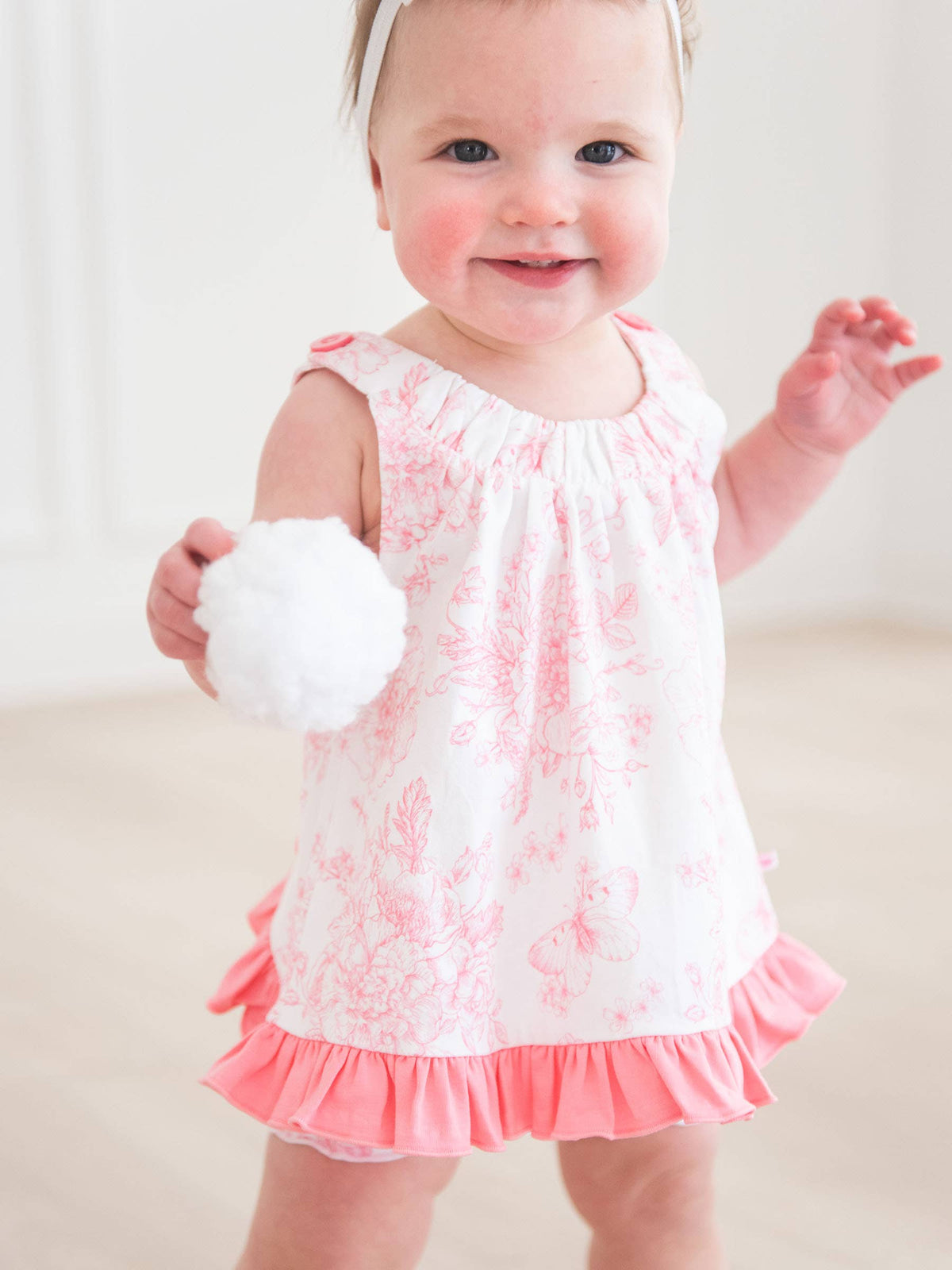 Completo top con volant e bloomers in maglia cotone-spandex con stampa farfalle toile
