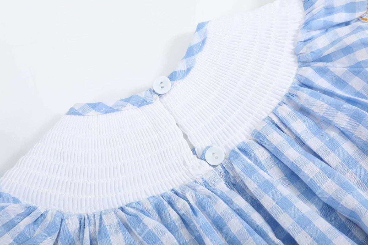 Blaue Gingham-Sommerkleid aus 100 % Baumwolle mit gesmoktem Sonnenblumen-Motiv im Bischof-Stil