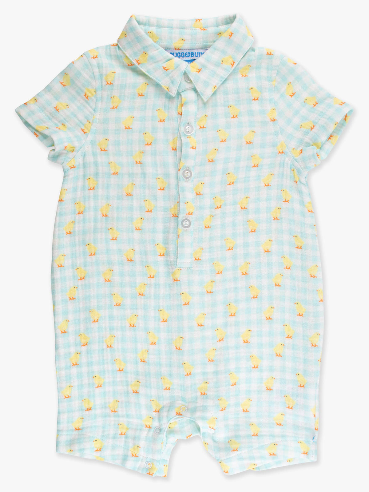 Baby-Strampler mit Knopfleiste aus 100 % Baumwoll-Musselin, blau kariert mit Küken-Print