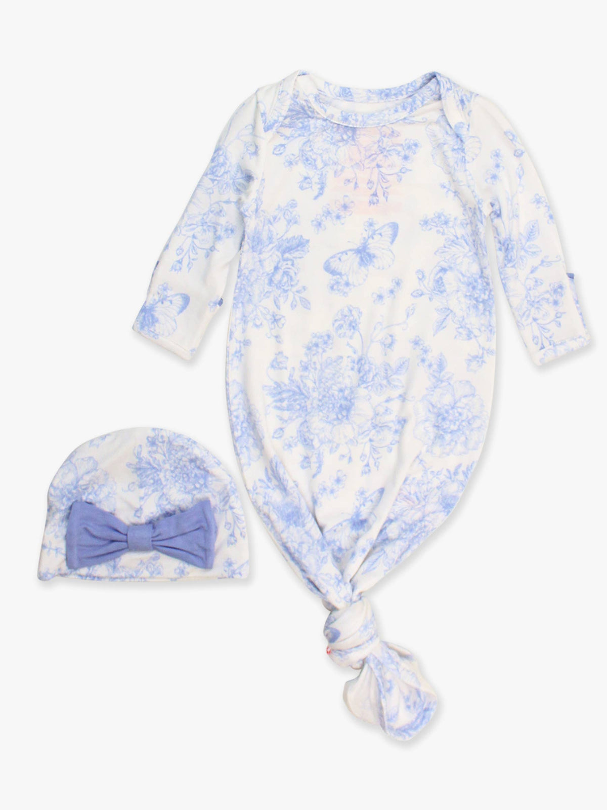Bambus-Elasthan-Schlafsack mit Rüschen, Knoten und Schleifenmütze, Periwinkle Butterfly Toile, für Babymädchen