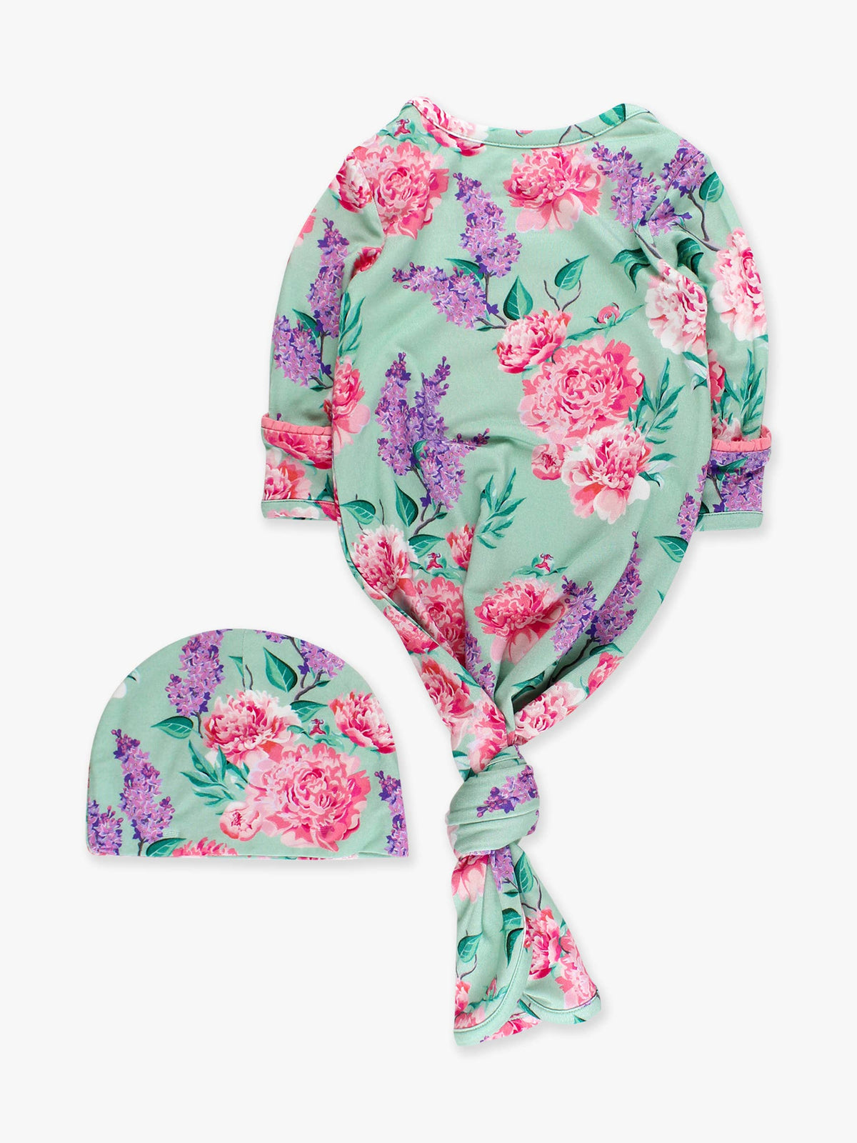 Conjunto de camisón de dormir anudado con volantes y gorro con lazo para bebé niña, estampado floral Sage Garden de bambú y elastano