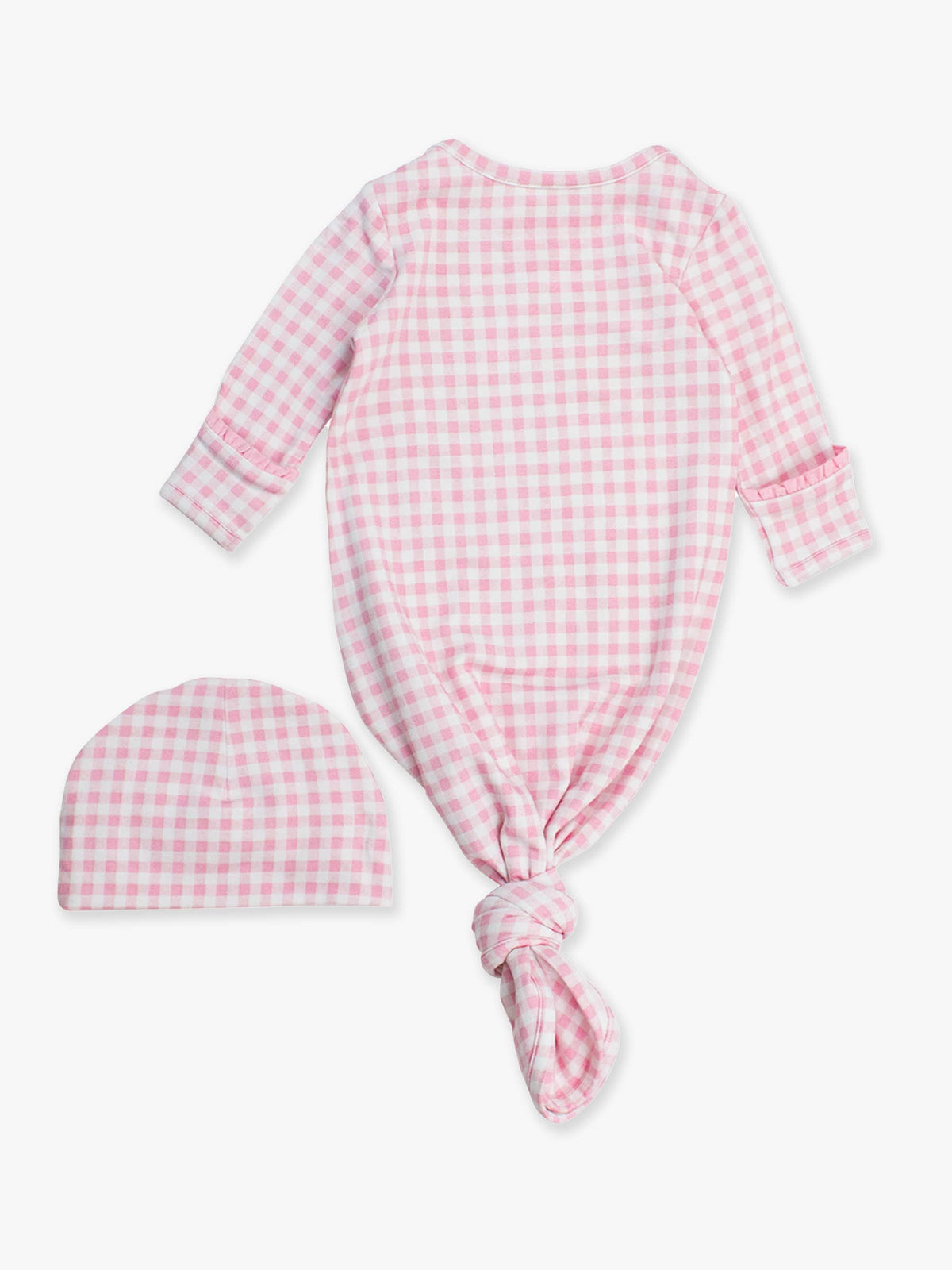 SoftSnooze™ Baby Mädchen Baumwoll-Modal Schlafkleid mit Rüschen und Knoten-Saum in Pink-Gingham mit passender Schleifenmütze