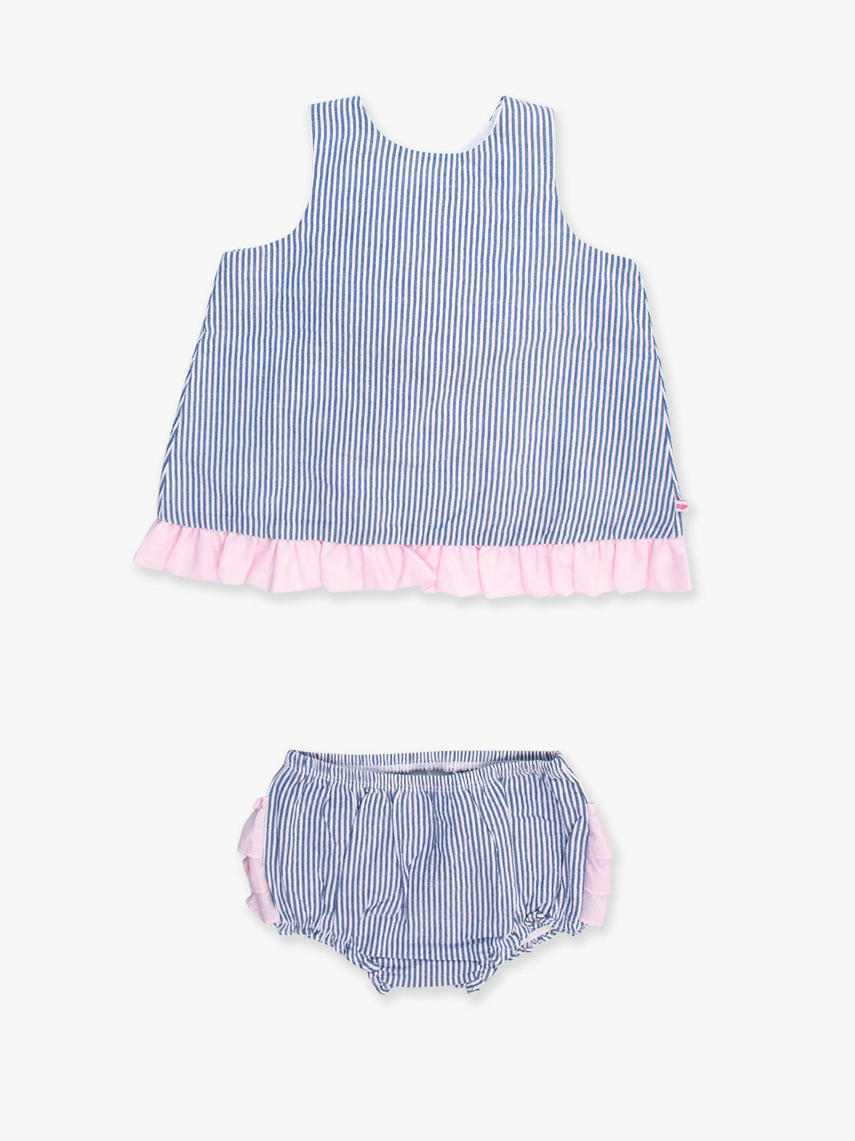 Set aus fließendem Rüschen-Top aus 100 % blauer Baumwollseersucker und Pumphose