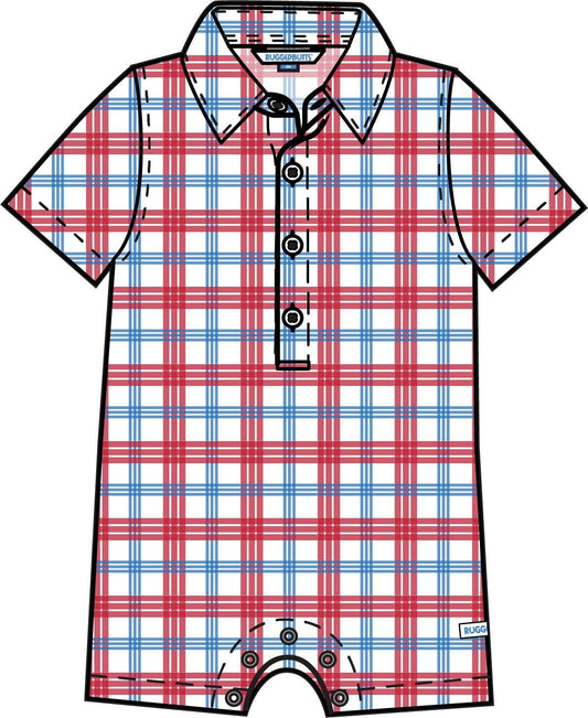 100% Cotton Red White Blue Plaid Button-Up Baby Romper