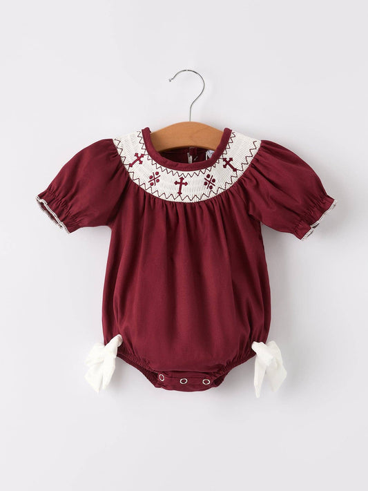 Cotton Smocked Dark Red Bishop Christening Girls Romper