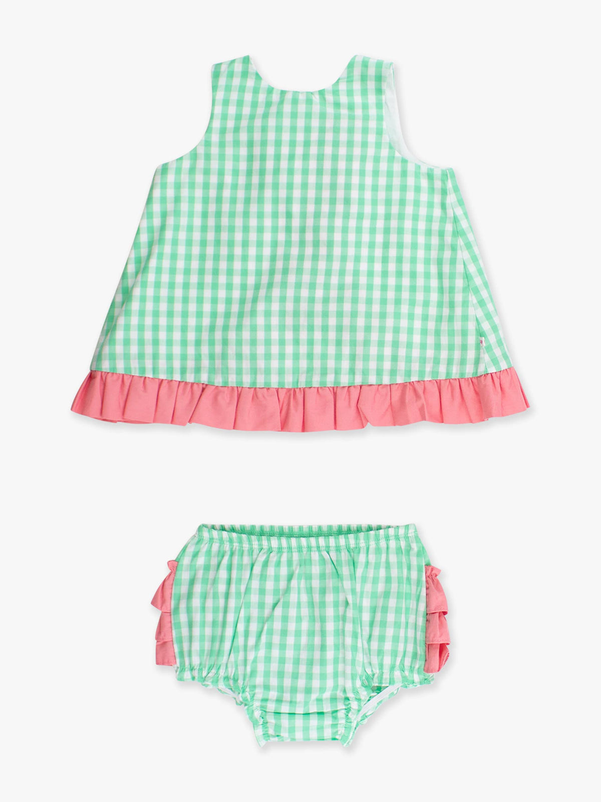 100% Baumwolle, grünes Gingham-Swing-Top mit Rüschen & Pumphosen-Set