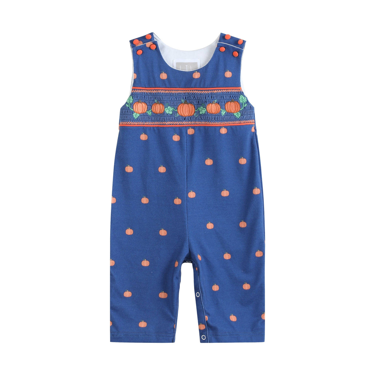 Salopette bimbo in maglia di cotone blu con zucca ricamata