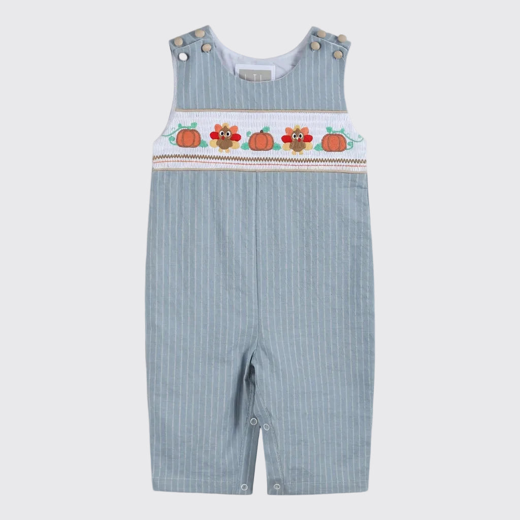 Light Blue Pinstripe Turkey Smocked Overalls