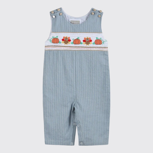 Light Blue Pinstripe Turkey Smocked Overalls