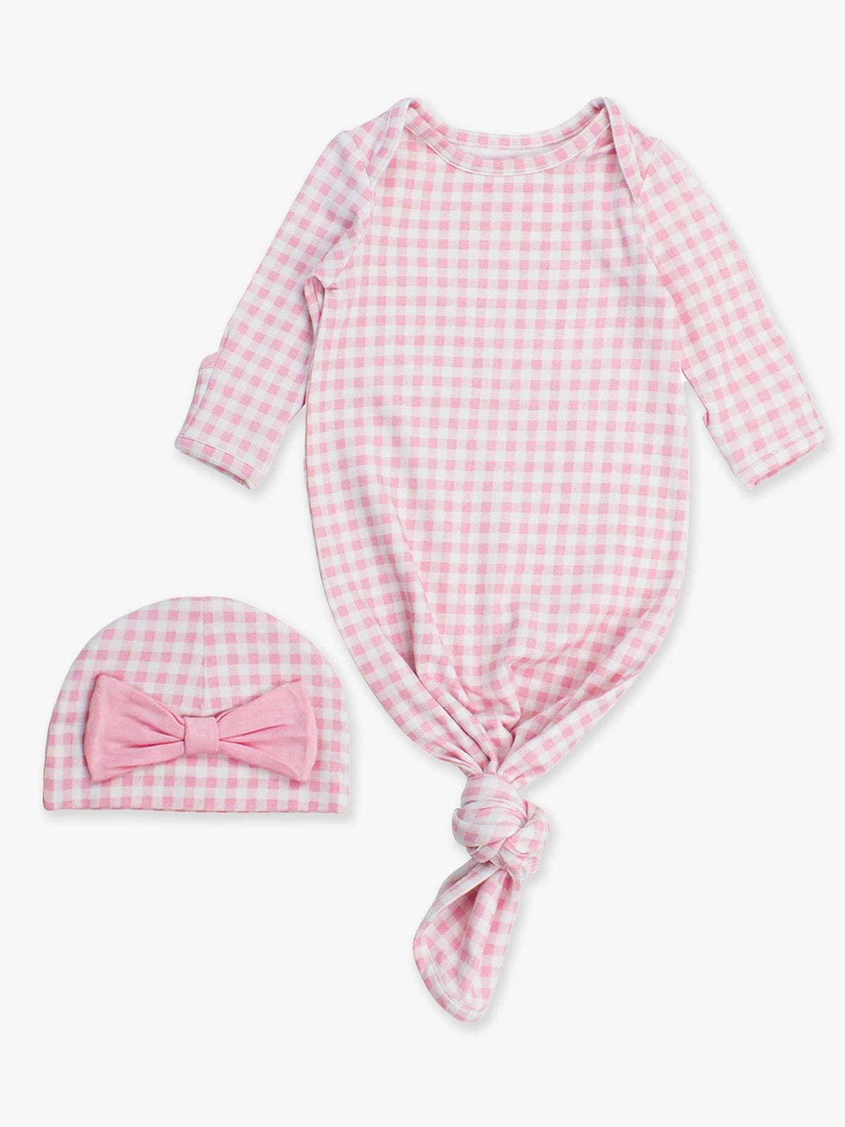 SoftSnooze™ Baby Mädchen Baumwoll-Modal Schlafkleid mit Rüschen und Knoten-Saum in Pink-Gingham mit passender Schleifenmütze