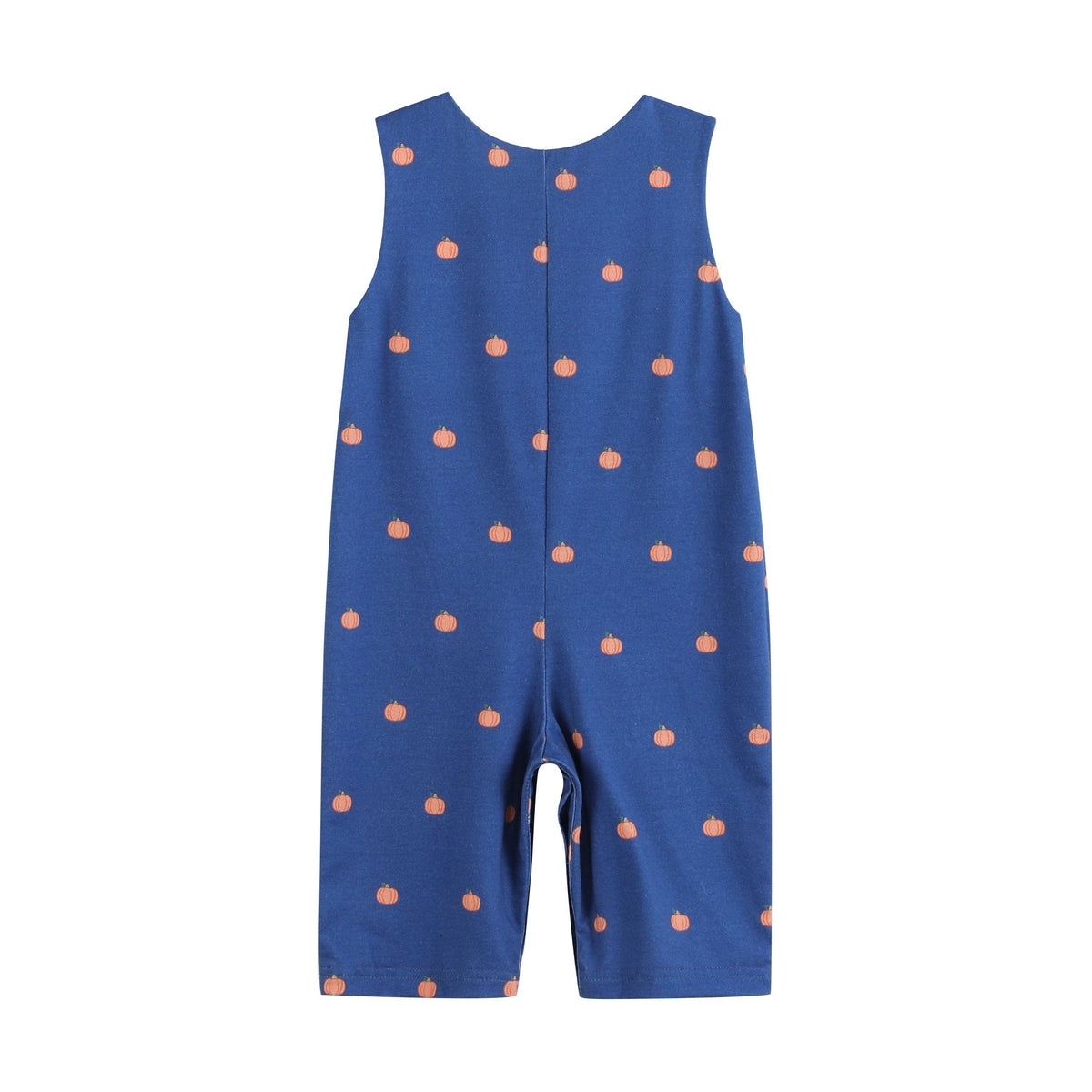 Salopette bimbo in maglia di cotone blu con zucca ricamata