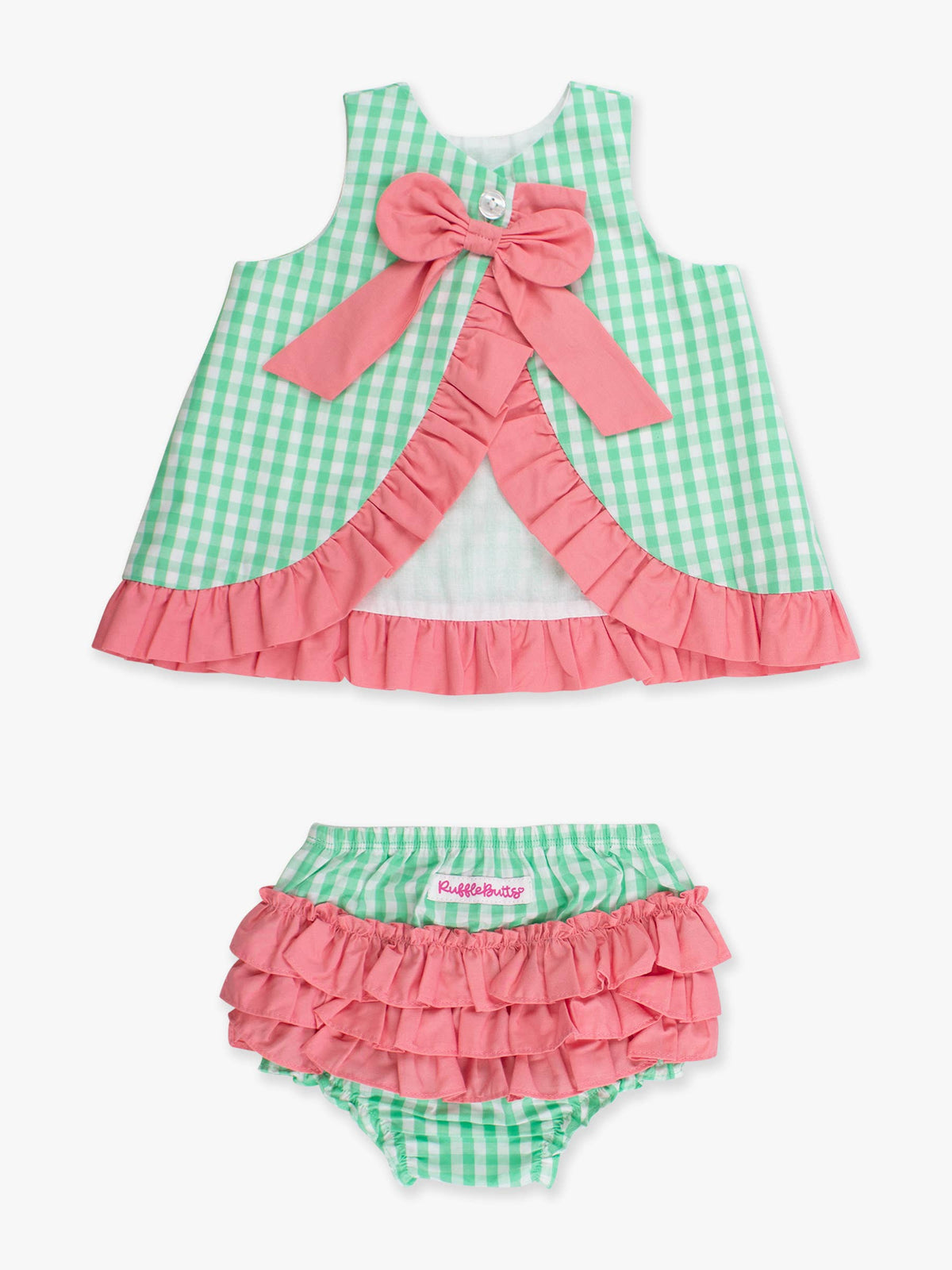 100% Baumwolle, grünes Gingham-Swing-Top mit Rüschen & Pumphosen-Set