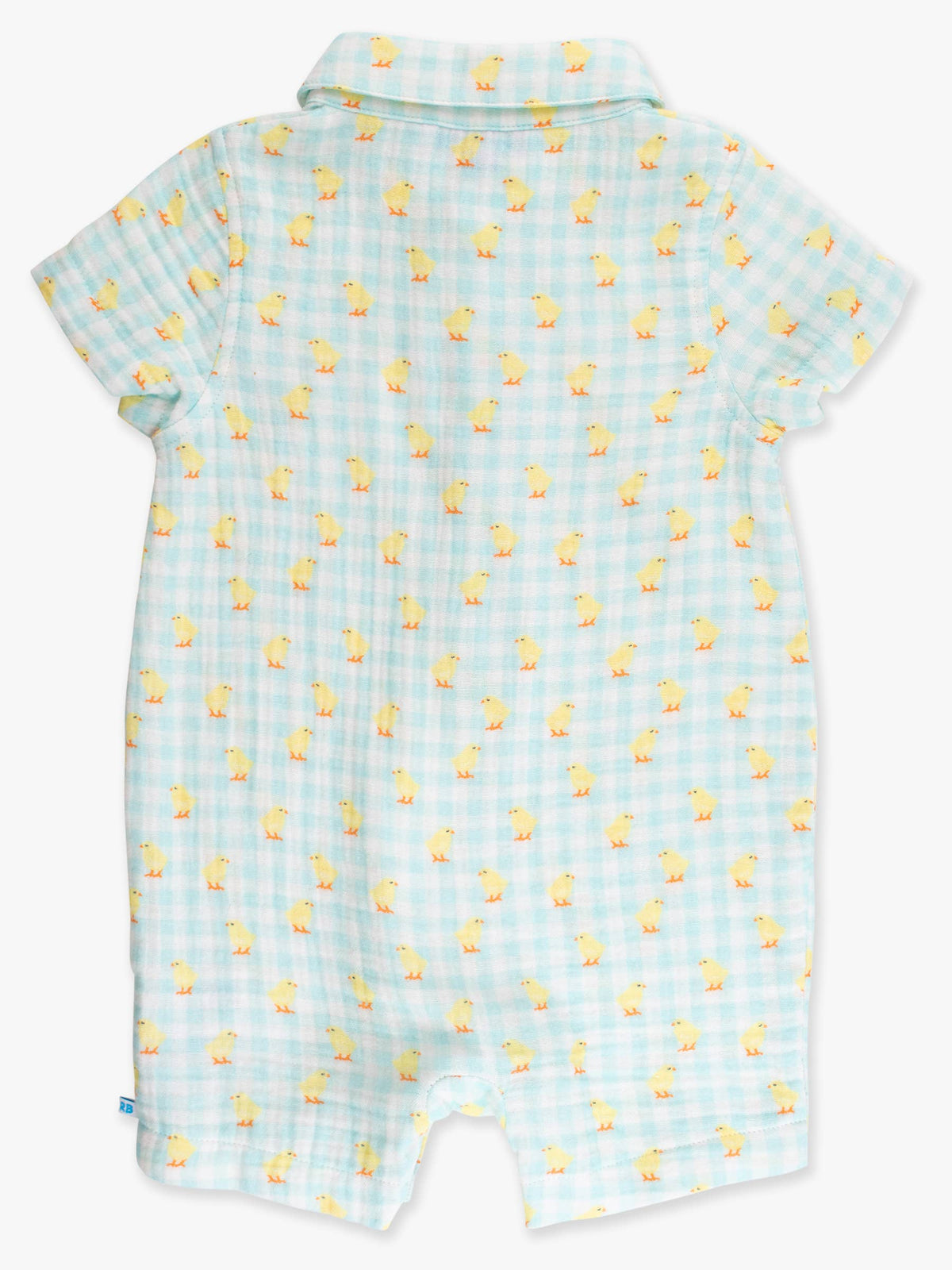 Baby-Strampler mit Knopfleiste aus 100 % Baumwoll-Musselin, blau kariert mit Küken-Print