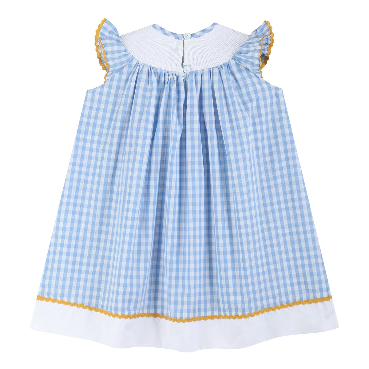 Blaue Gingham-Sommerkleid aus 100 % Baumwolle mit gesmoktem Sonnenblumen-Motiv im Bischof-Stil