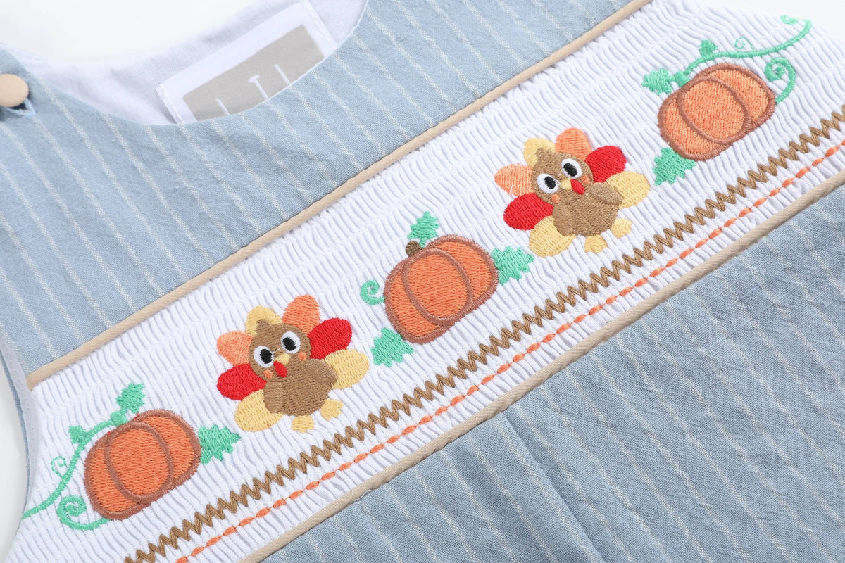 Light Blue Pinstripe Turkey Smocked Overalls