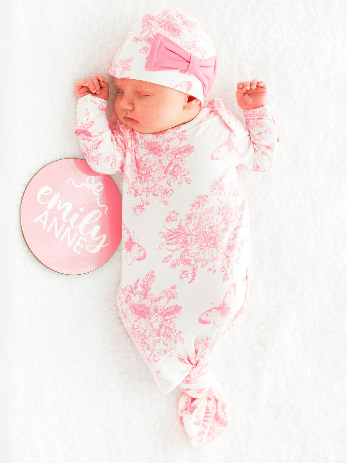 Set aus Schlafsack mit Knoten und Schleifenmütze für Babymädchen, Bambus-Elastan, rosa Schmetterlings-Toile-Muster, mit Rüschen
