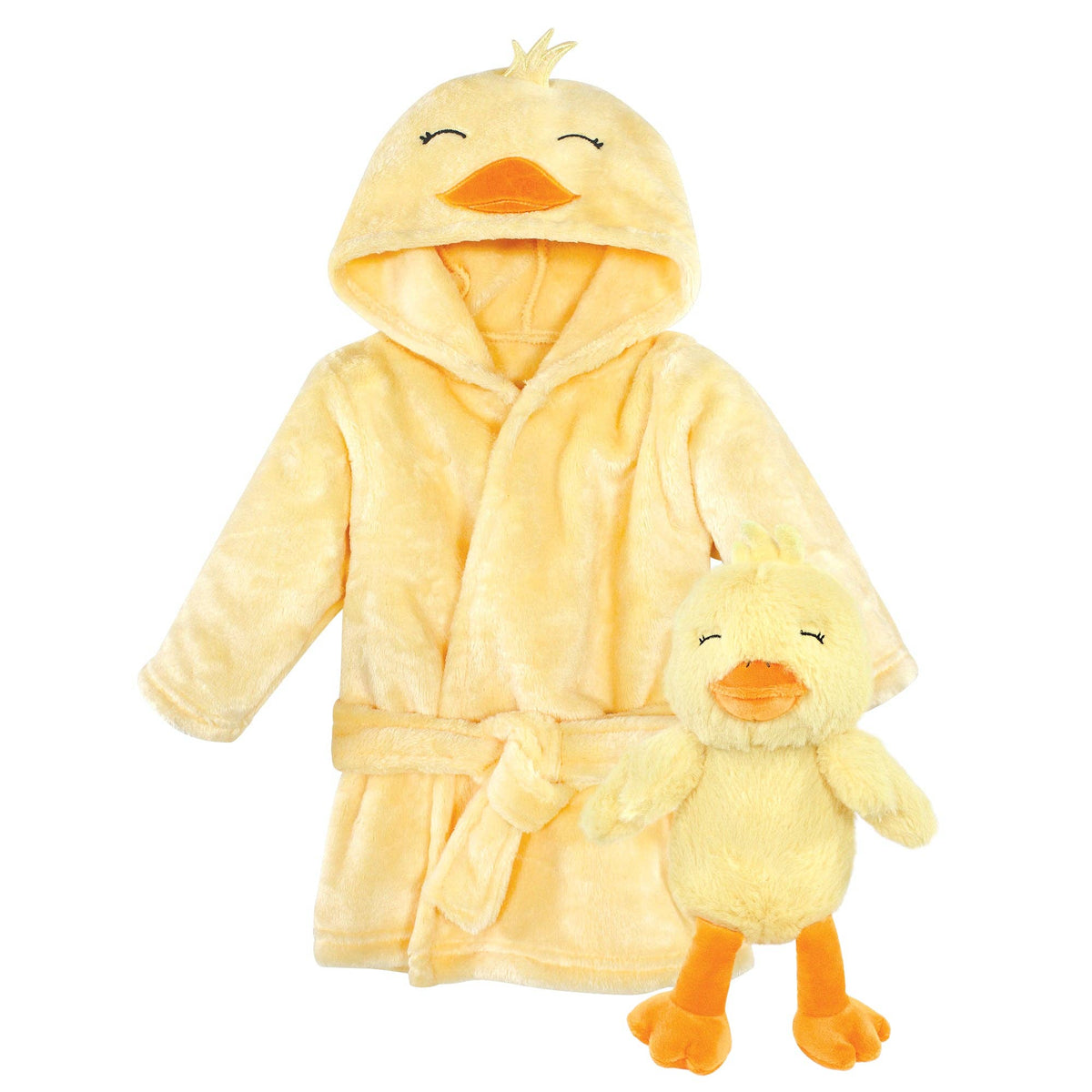 Set de regalo con bata de baño de felpa para bebé y juguete a juego, pato amarillo