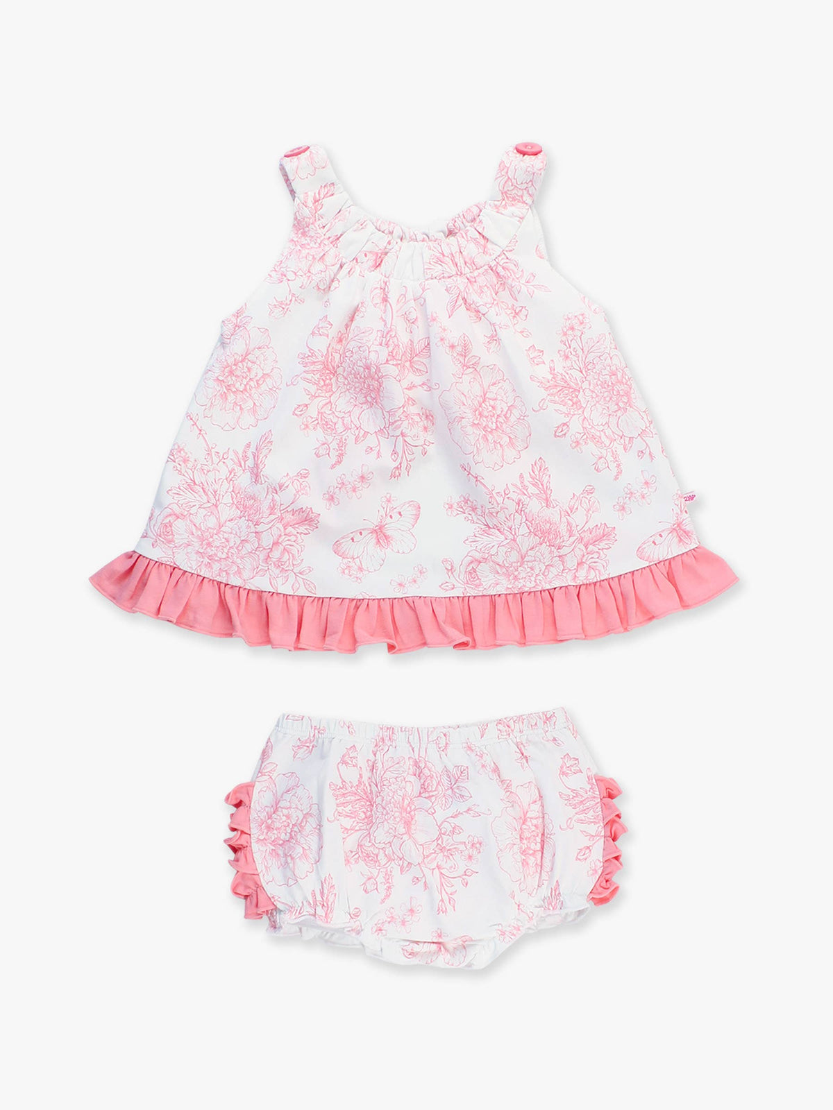 Completo top con volant e bloomers in maglia cotone-spandex con stampa farfalle toile