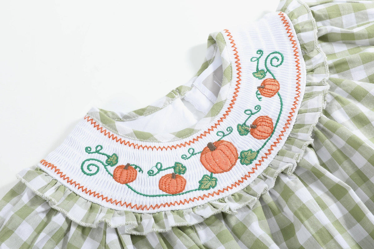 Sage Green Gingham Pumpkin Smocked Romper