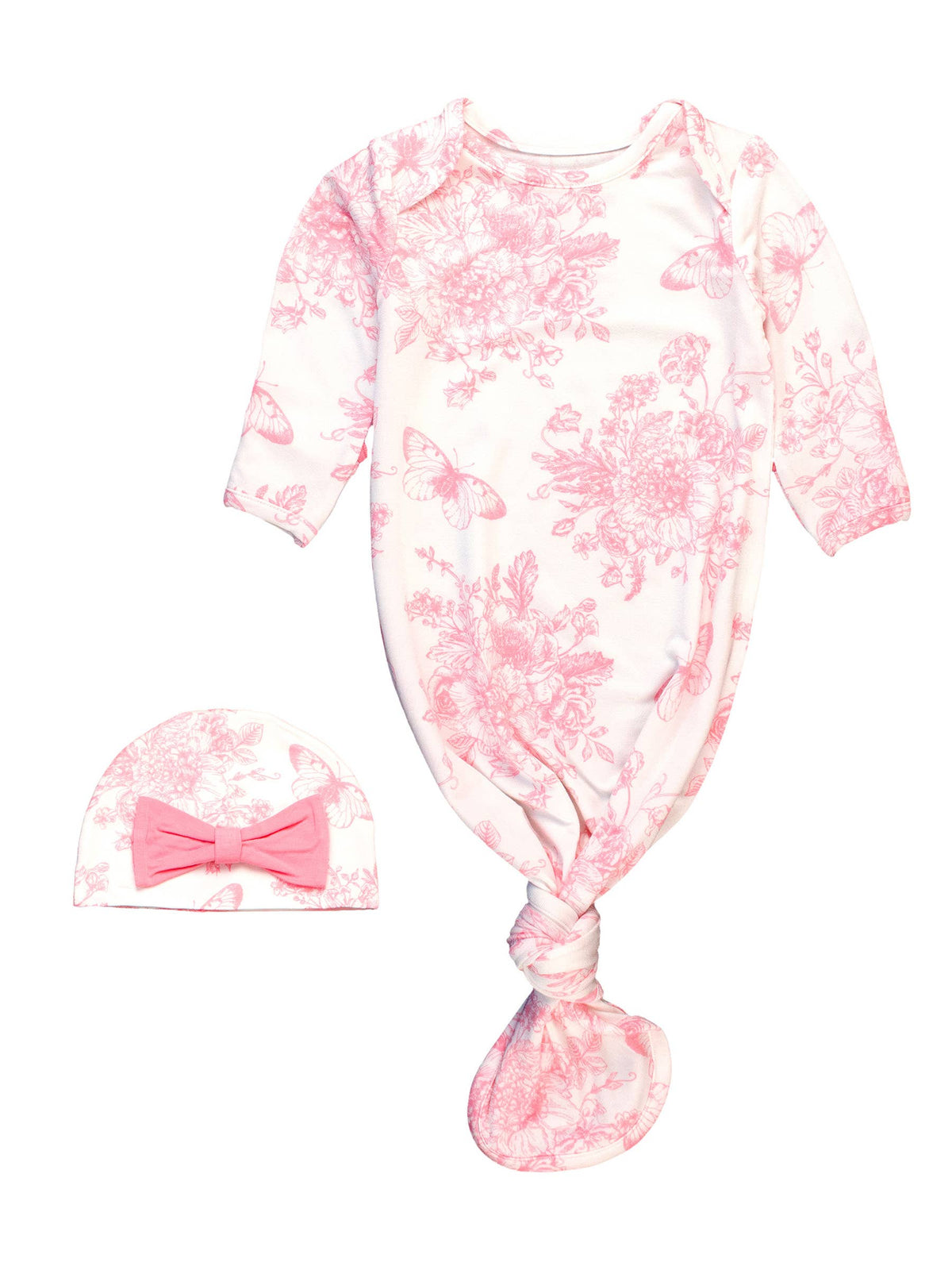 Set aus Schlafsack mit Knoten und Schleifenmütze für Babymädchen, Bambus-Elastan, rosa Schmetterlings-Toile-Muster, mit Rüschen